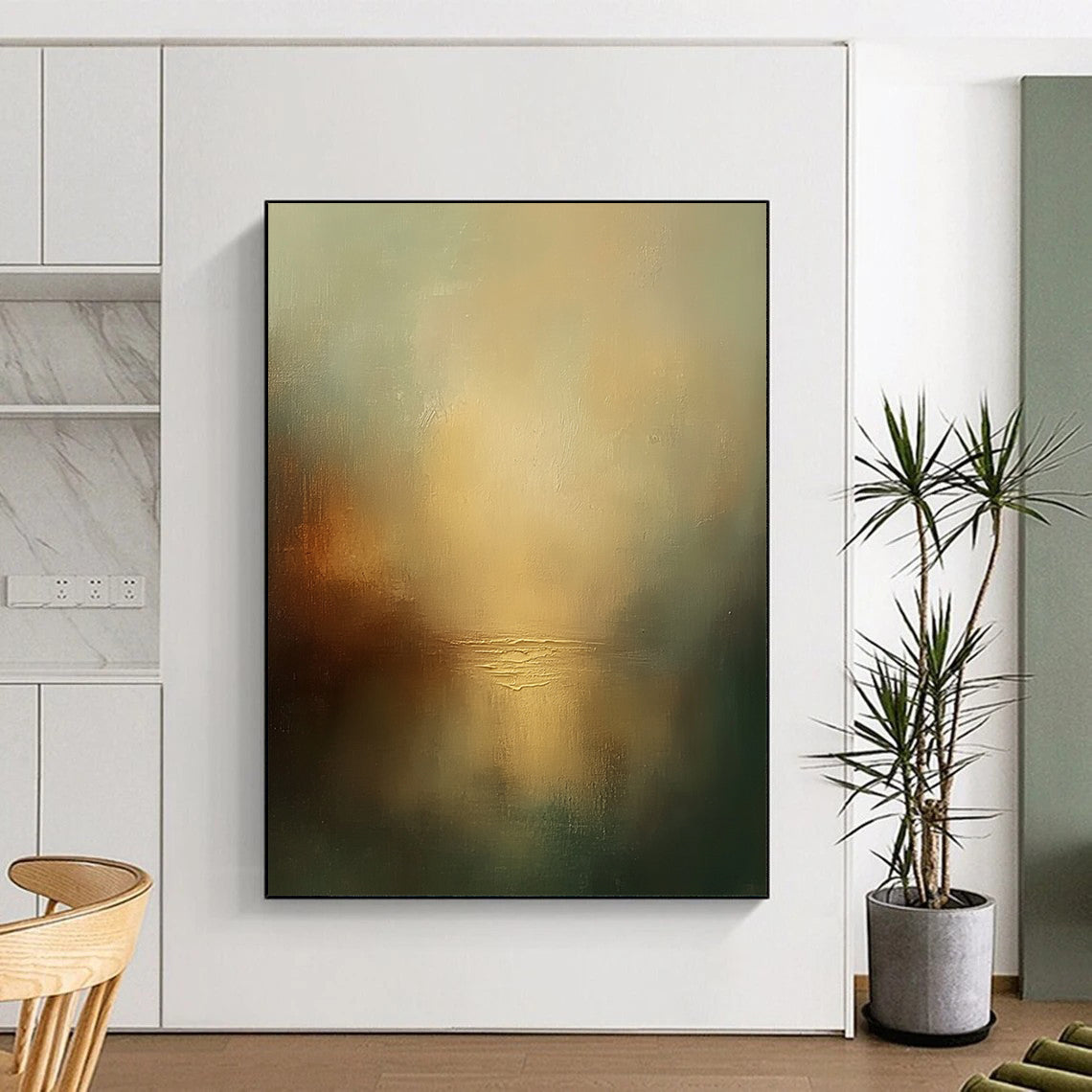 Contemporary abstract painting featuring a misty sky and tranquil water with muted colors creating an atmospheric ambiance. DLZ0474