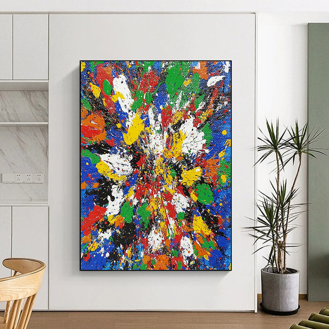 Vibrant contemporary abstract painting featuring chaotic splatters in bright primary colors showcasing dynamic brushstrokes and intricate textures. DLZ1407