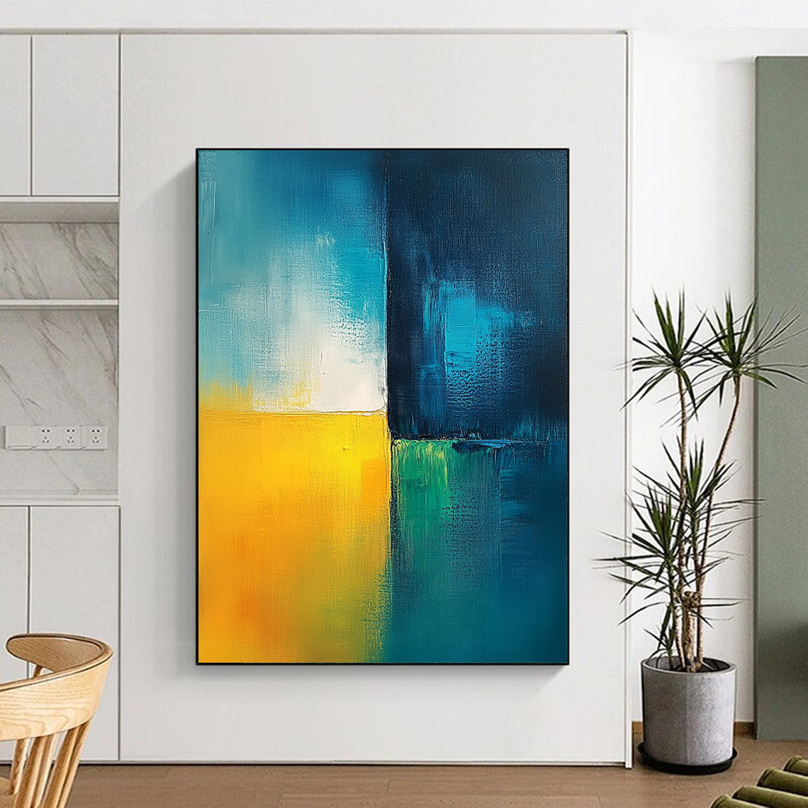 Contemporary abstract painting featuring calming blue green white and yellow hues with a light teal background and minimalist dark blue contrast bar. DLZ0355