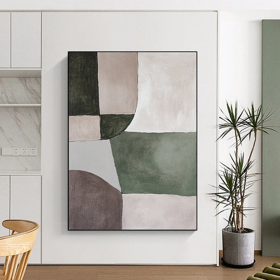 Contemporary abstract painting featuring serene green and grey shapes on a soothing beige background, perfect for minimalistic decor. DLZ0881