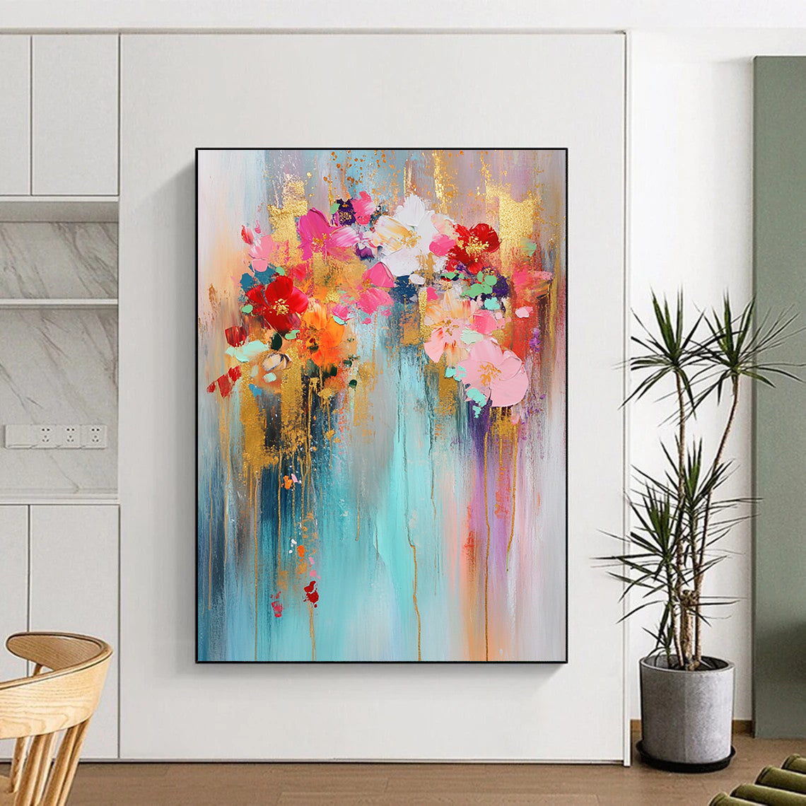 Contemporary abstract art featuring gold leaf bright colors light blue background pink and red flowers golden glitter delicate strokes and dreamy atmosphere. DLZ0742