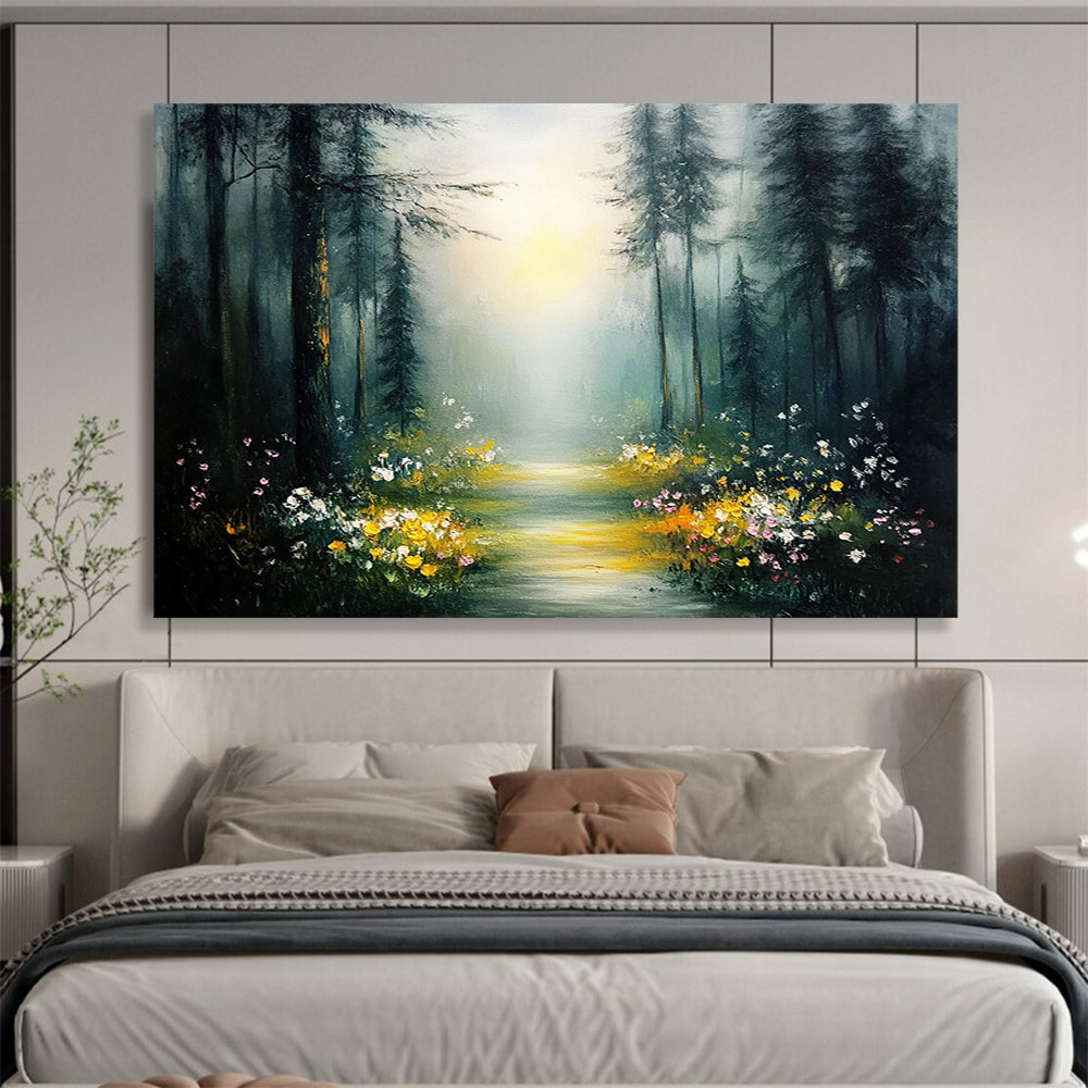 “Enchanted Forest Trail” - Vibrant Yellows, Pinks, Greens, Flower - Lined Forest Path - Whimsical Oil Painting HB1691