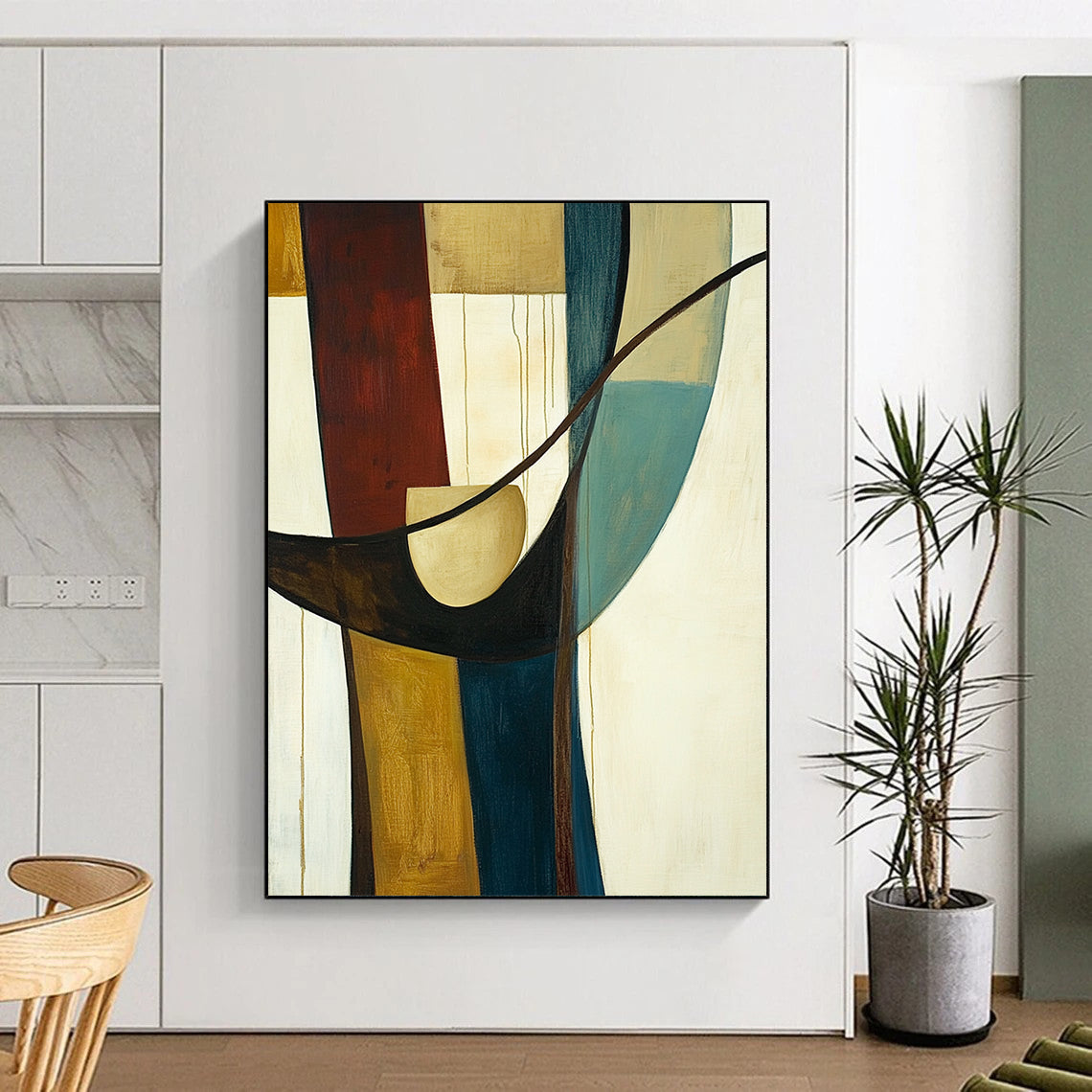 Large contemporary hand-painted abstract art featuring vertical lines, a circular shape, and curved elements in earthy tones of brown and blue-green. DLZ1395