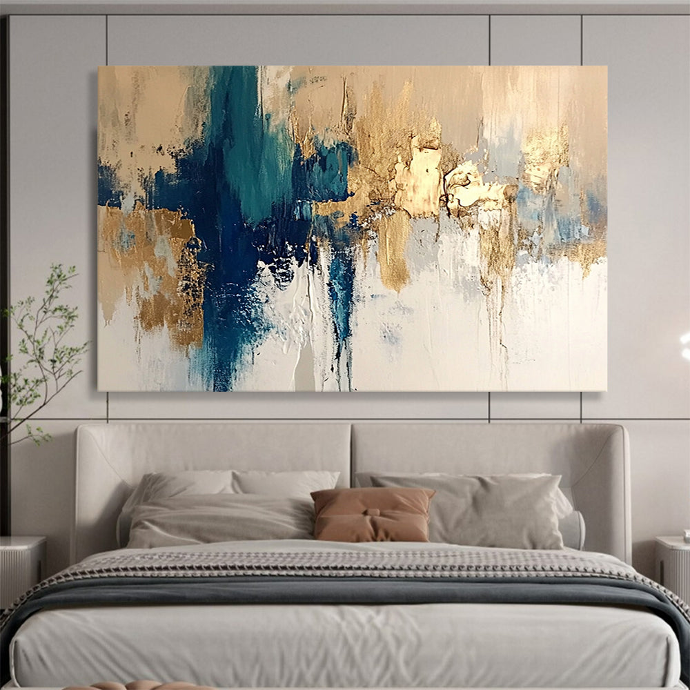 “Blue and Gold Abstract” - Beige, White, Blue, Gold, Elegant Abstract Painting On Canvas HB0964