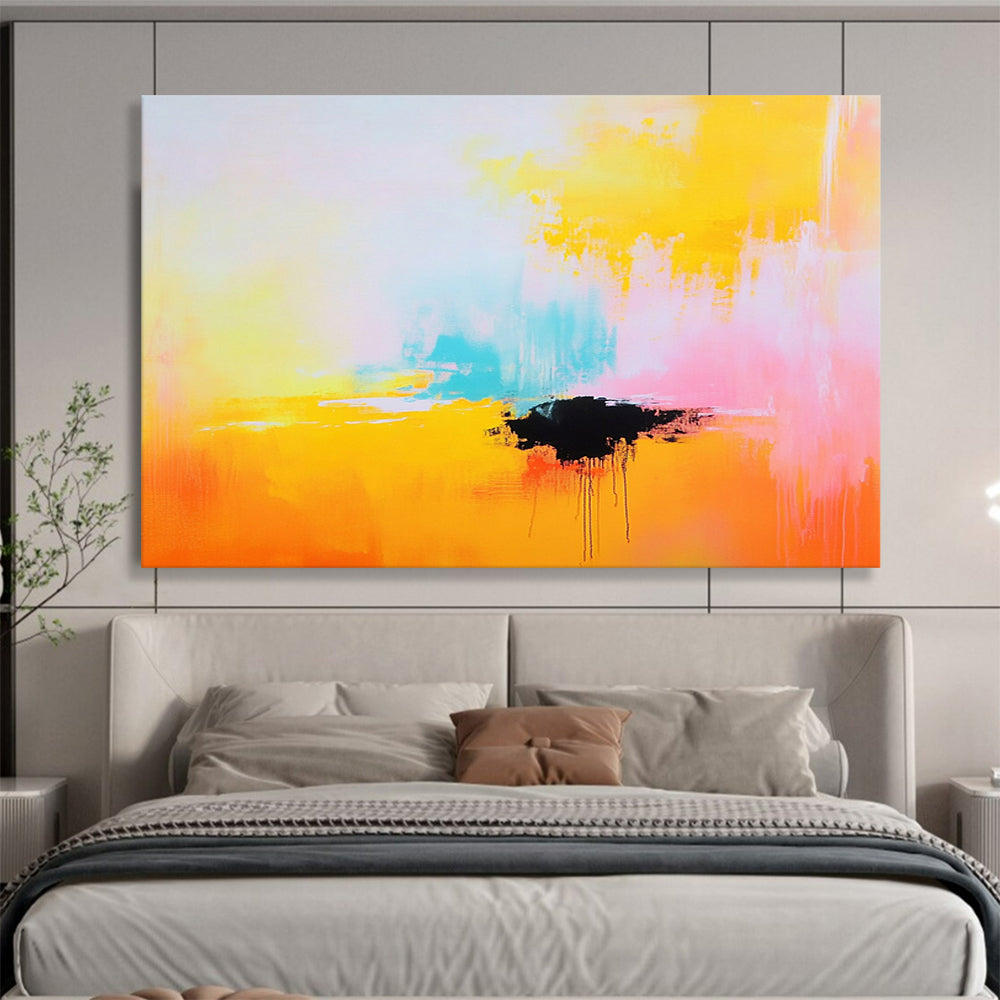 “Bright Abstract with Black Accent” - Yellow, pink, blue, black; Bright abstract with a bold black shape; Acrylic Painting On Canvas HB1277