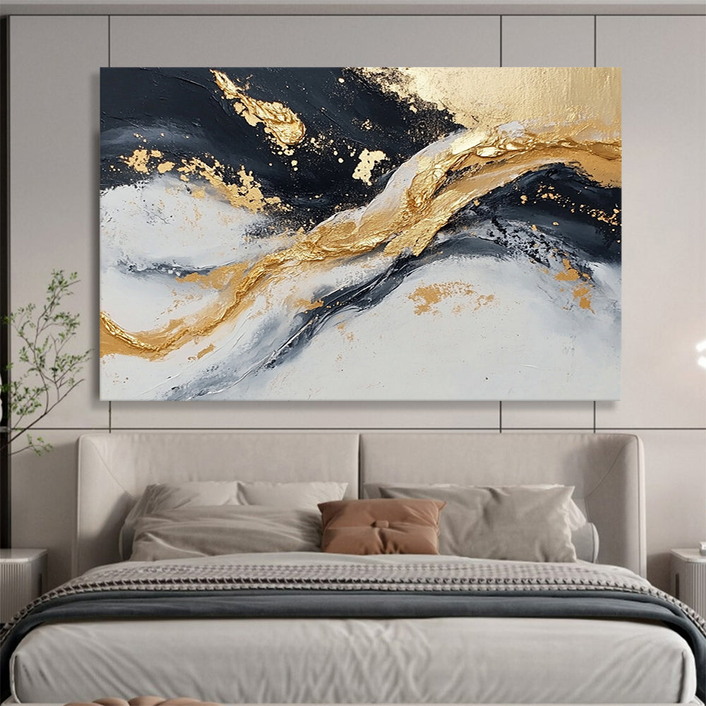 “Textured Gold - Black Wave Motion” - Gold, Black, Gray, Textured Waves Painting On Canvas HB0809