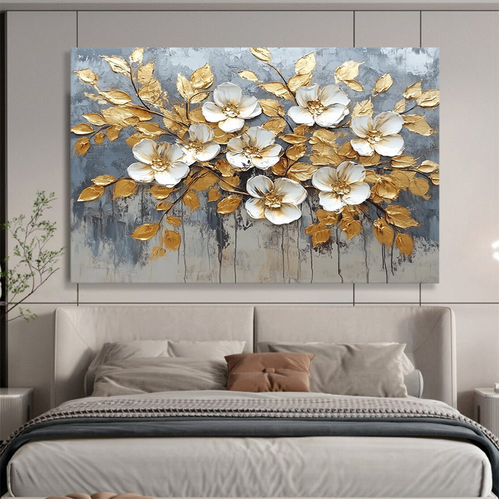 “Golden - Leafed White Flowers” - Gray background, gold leaves, white flowers, Textured Floral Painting On Canvas HB0586