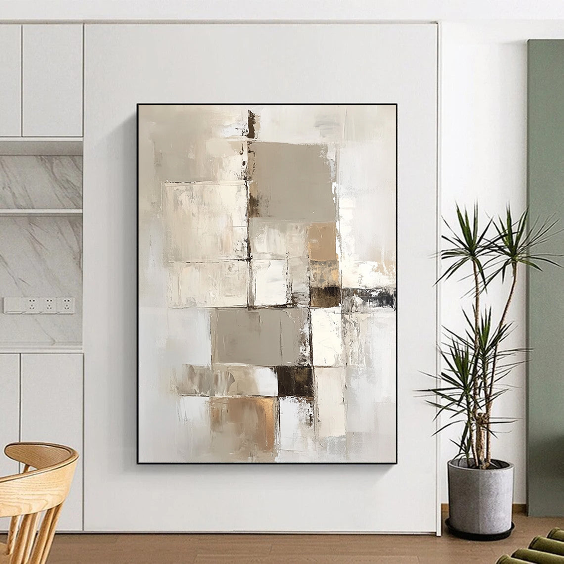 Large contemporary abstract painting with a beige and white palette showcasing geometric shapes and textures on a vertical canvas. DLZ0697