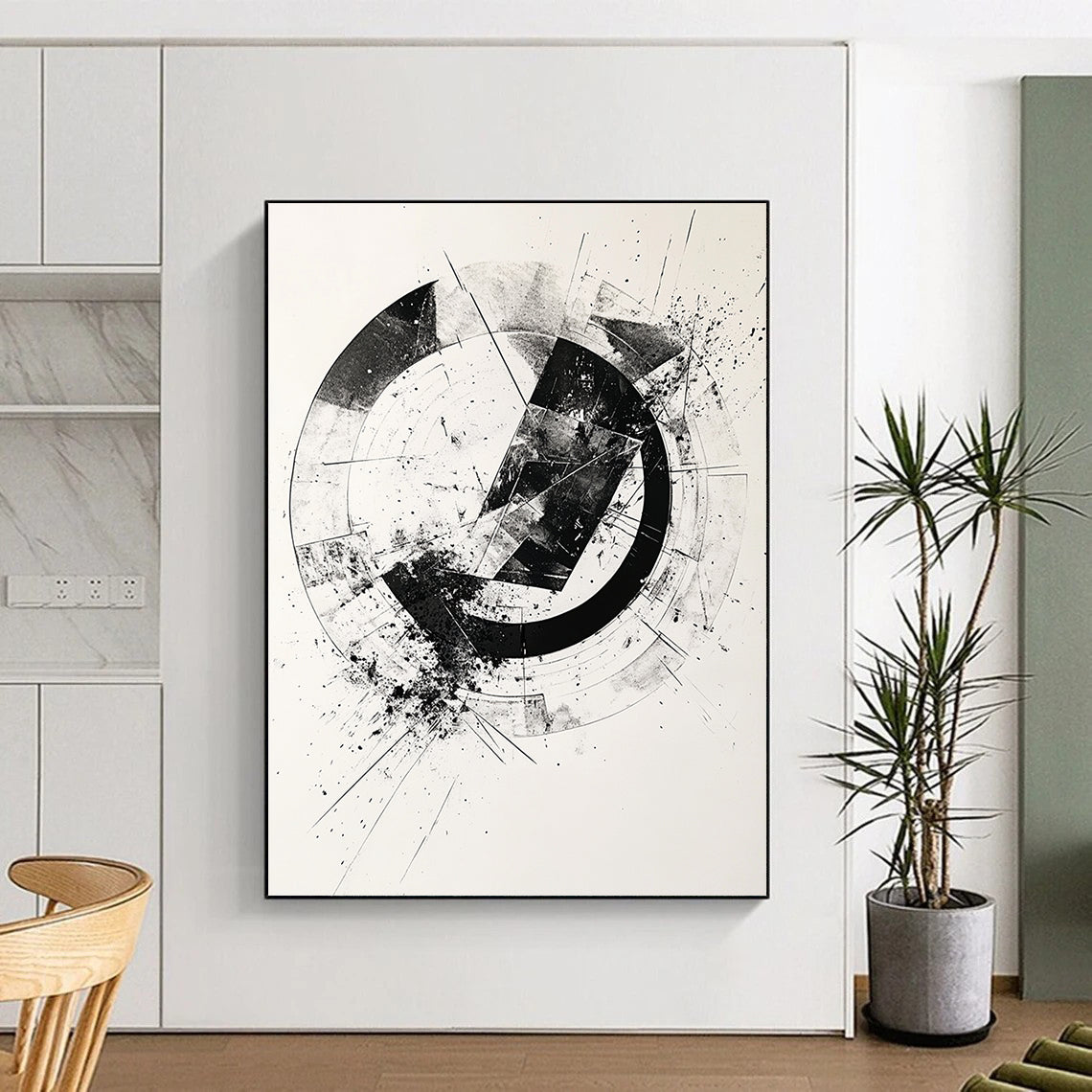 Black & Gray Geometric Circular Ink - “Structured Enso Fusion” Painting On Canvas HB243