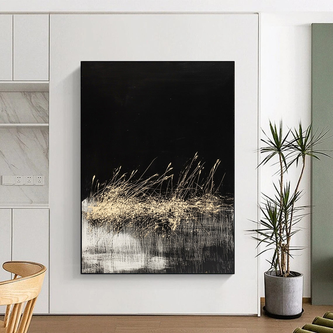 Black, Gold, White, Grass - like Swirls "Midnight Meadow" Abstract Modernist Painting On Canvas HB084