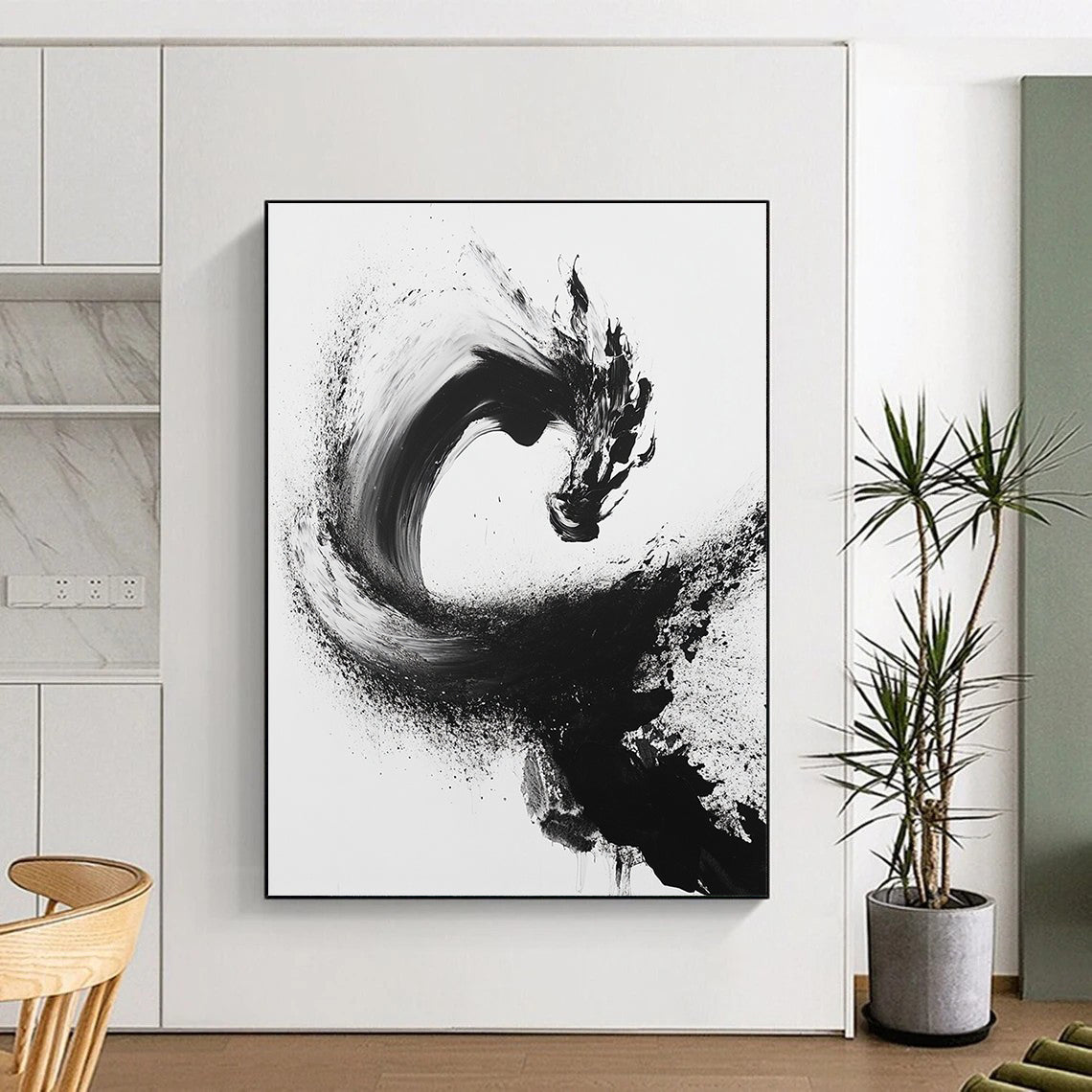 Black Curved Brushstroke with Splatter - “Flowing Enso Energy” Painting On Canvas HB245