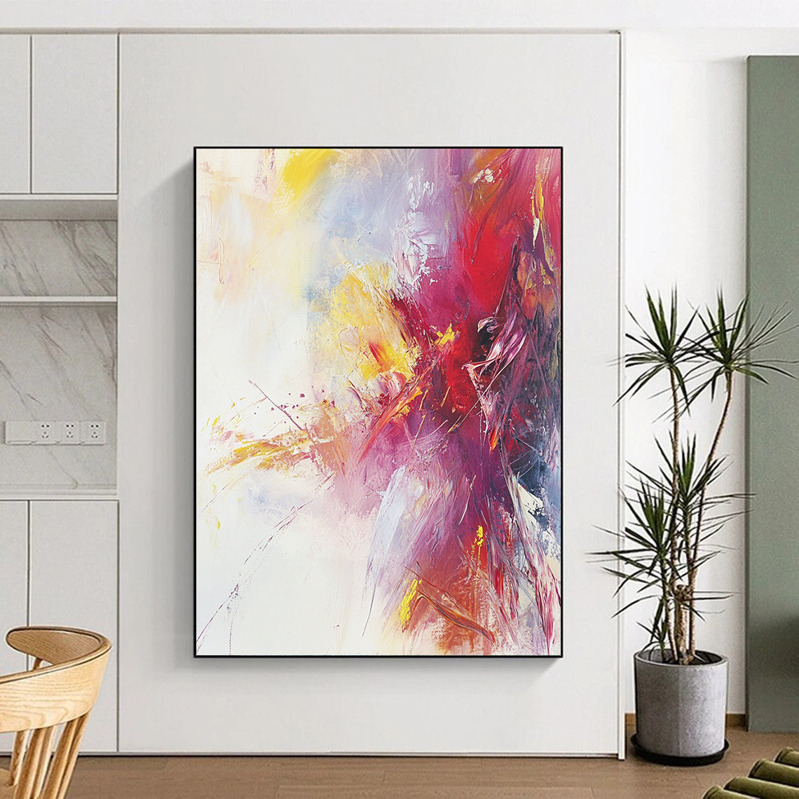 Large contemporary hand-painted abstract artwork featuring warm colors and soft brushstrokes on a serene white background with subtle splashes of bright color. DLZ1068