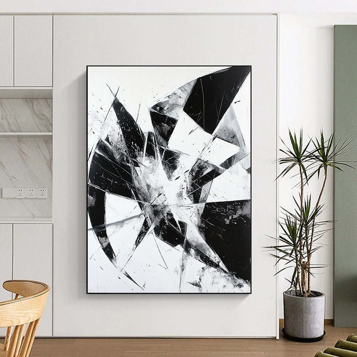 Black and White Geometric Shards "Broken Order" Painting On Canvas HB268