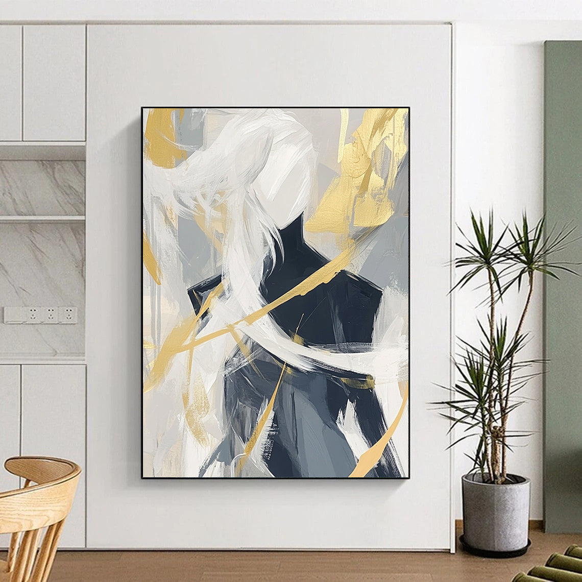 Contemporary hand-painted abstract artwork featuring bold black lines and dynamic brush strokes in white, gray, and gold tones for a striking visual impact. DLZ0830