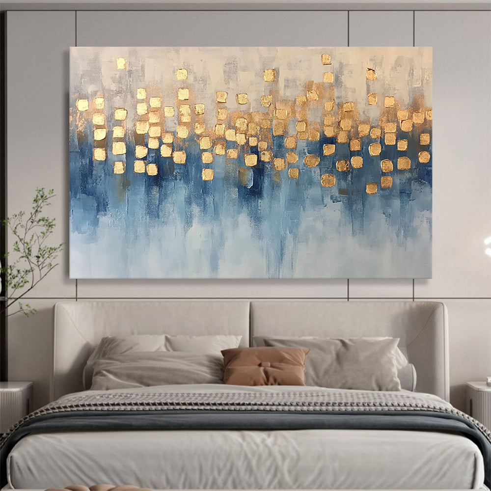 “Blue and Gold Dots” - Blue, Gold, White, Abstract Dotted Painting On Canvas HB1055