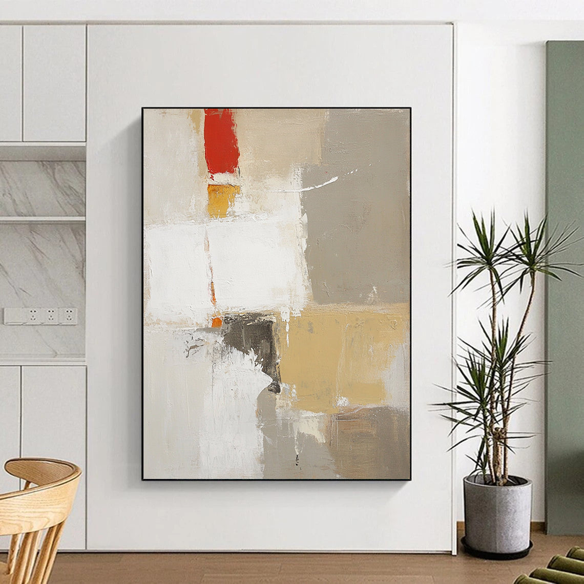 Large contemporary abstract artwork featuring textured layers in white with red and yellow accents and soft brush strokes. DLZ0919