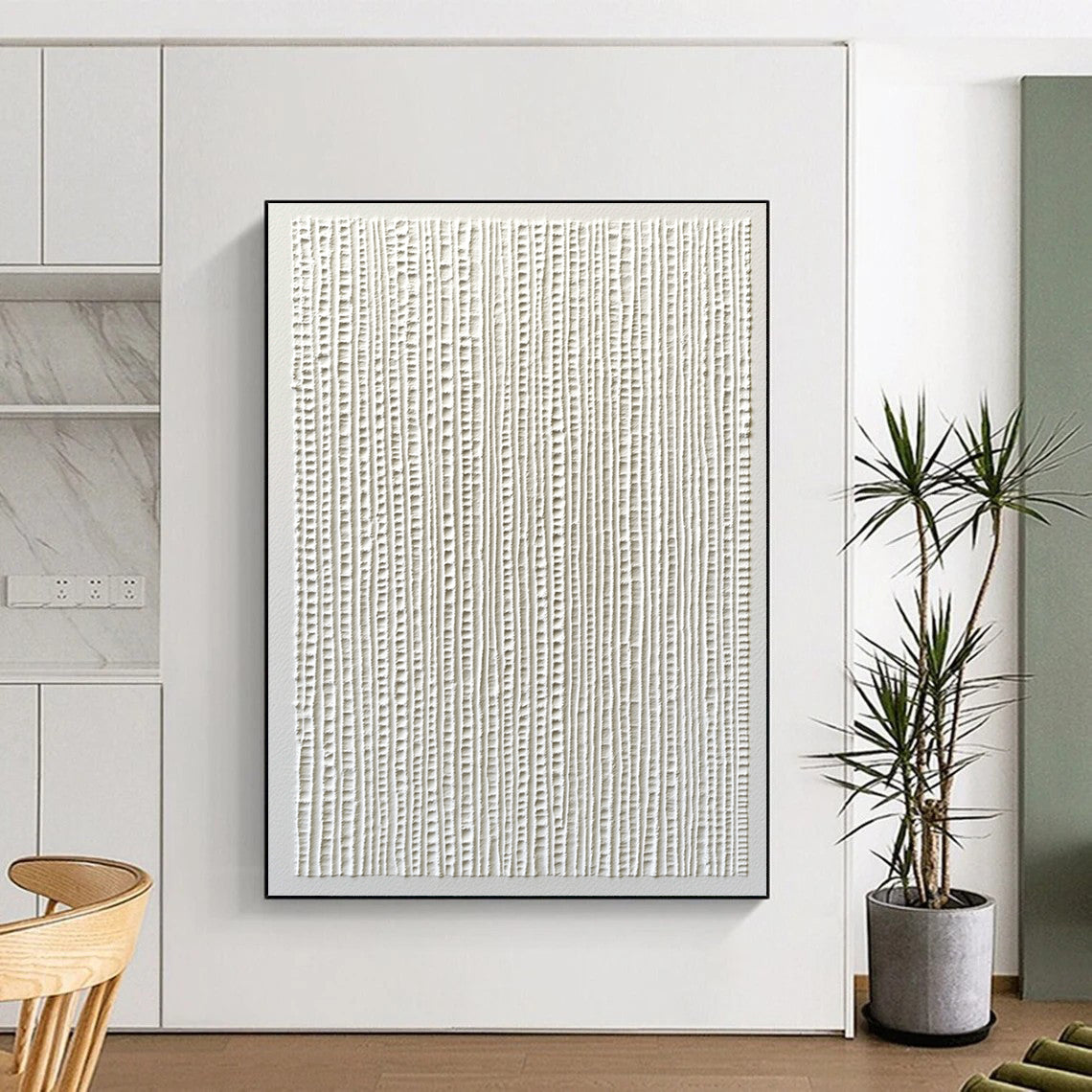 Contemporary abstract painting featuring white paper texture with vertical lines and overlapping gray strokes, creating a serene and minimalist aesthetic. DLZ1747