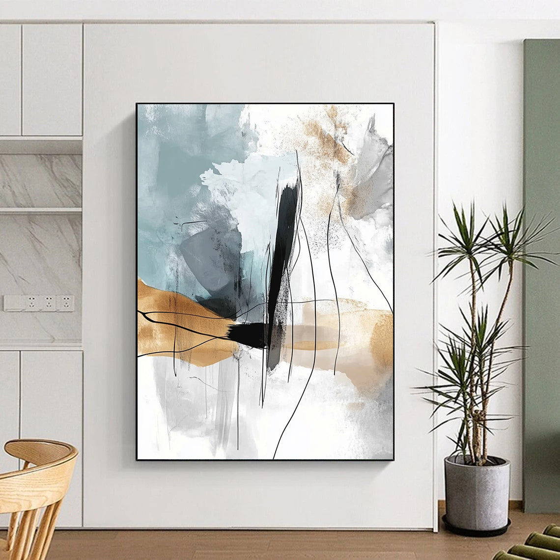 Large contemporary abstract painting featuring soft lines and shapes with a light gray-blue background and flowing watercolor effects in a warm beige palette. DLZ0769