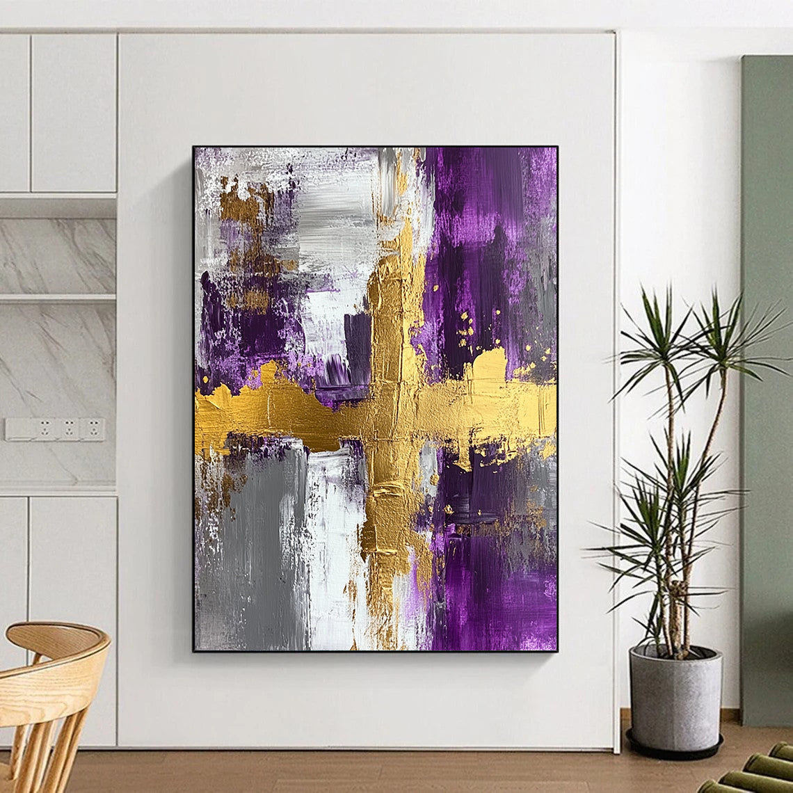 Contemporary painted abstract art features acrylic on textured canvas with gold foil accents in purple and grey, highlighted by a central cross shape. DLZ0276
