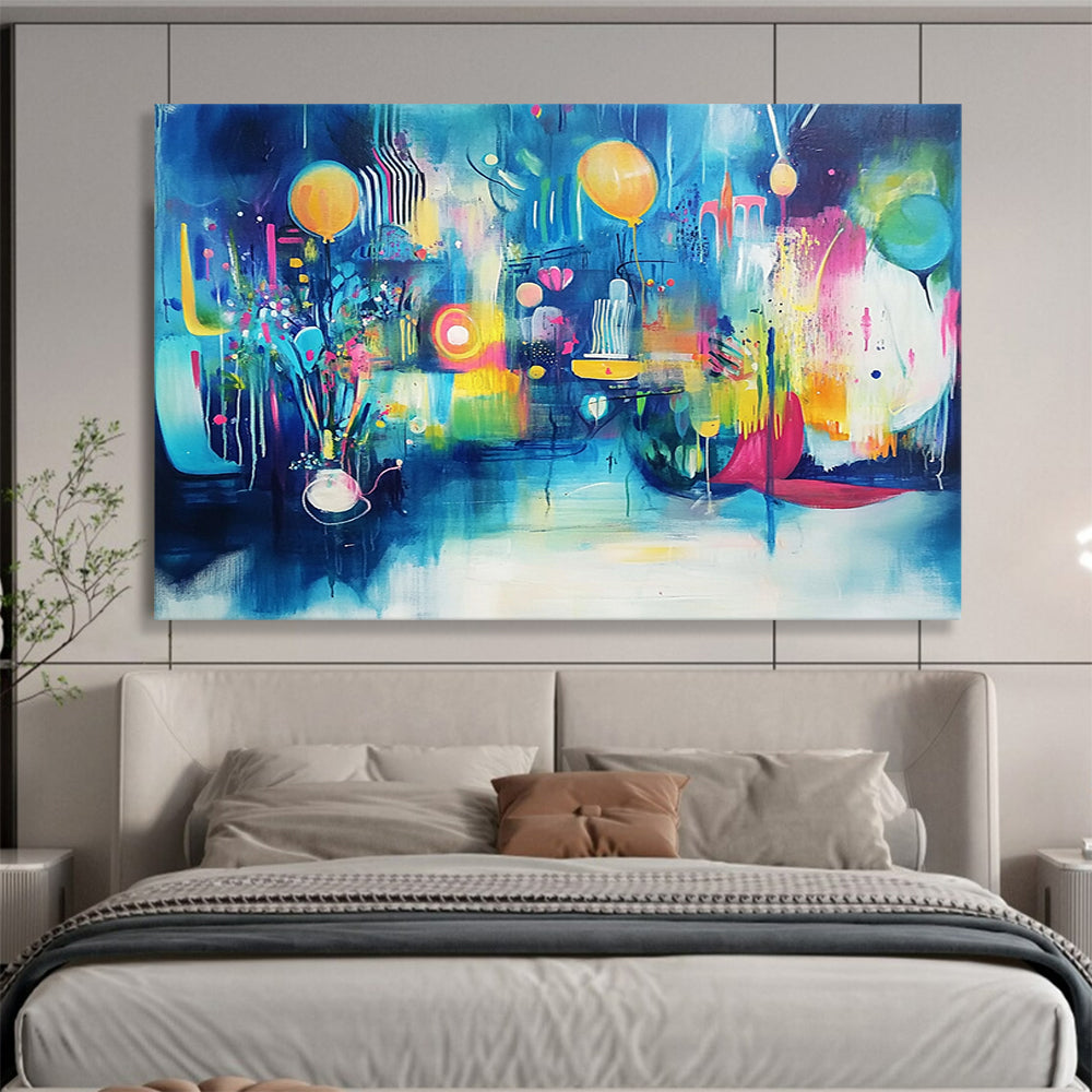 “Vibrant Blue Celebration” - Blue, Yellow, Pink, Abstract Party - Fauvist Acrylic Painting HB1502