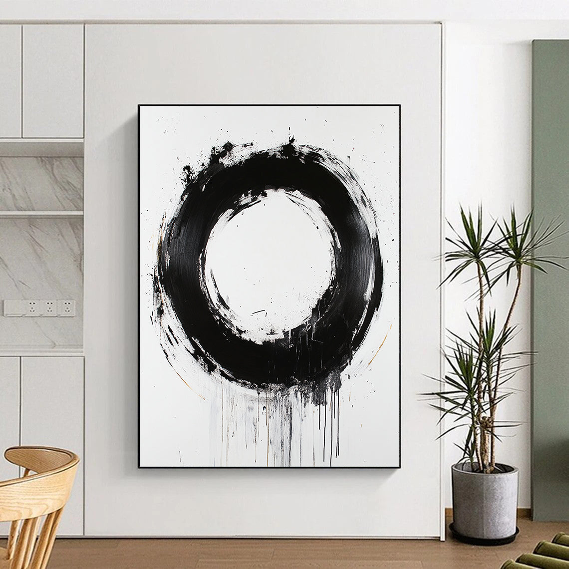 White, Black and Gold Abstract Circle "Refined Enso" Painting On Canvas HB367