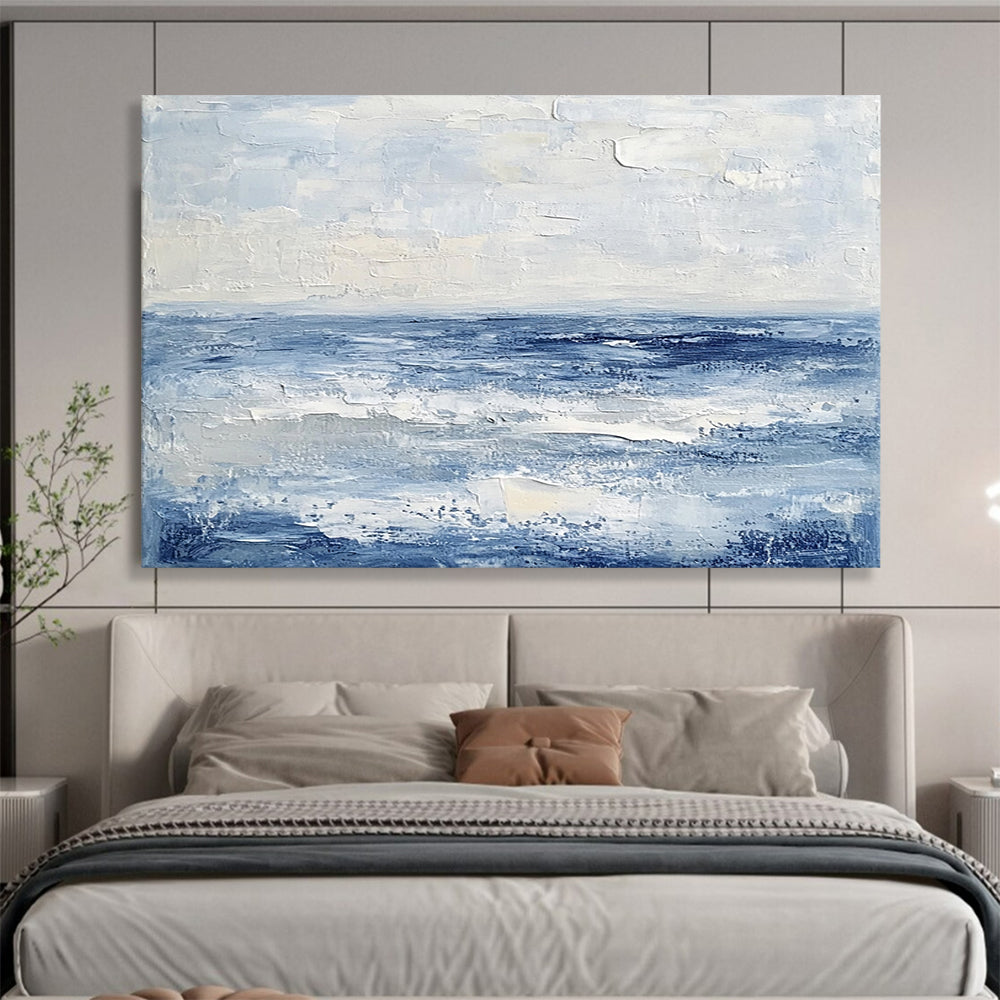 “Textured Blue Ocean” - Shades of blue, white; Abstract ocean waves; Impasto Oil Painting On Canvas HB1192