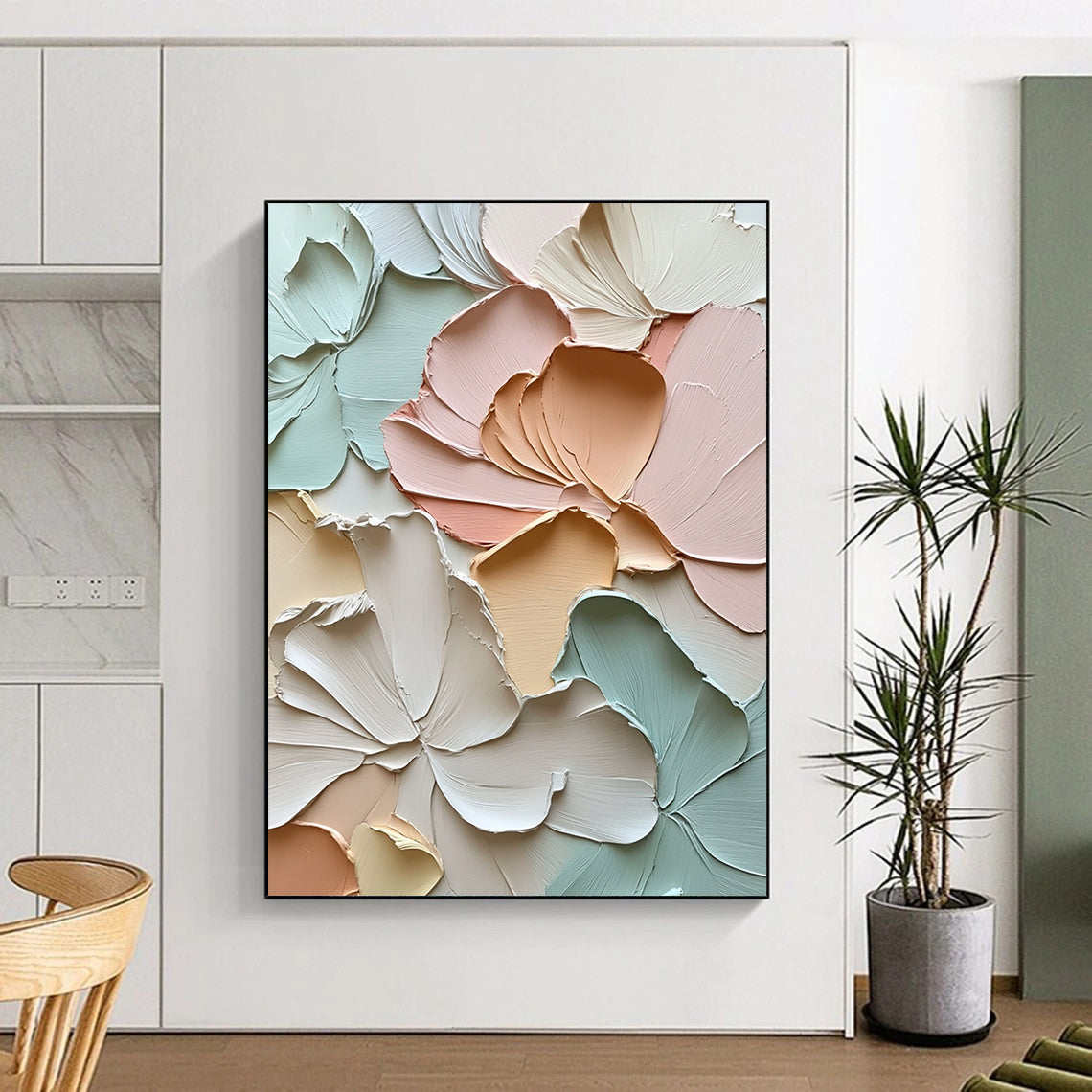 Large contemporary abstract floral artwork featuring textured petals and leaves in soft pastels exuding tranquility and depth through impasto strokes. DLZ1184