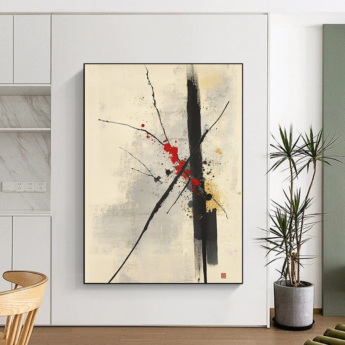 Black, Red, Gray and Beige Minimalist Branches "Splash Blossom" Painting On Canvas HB315
