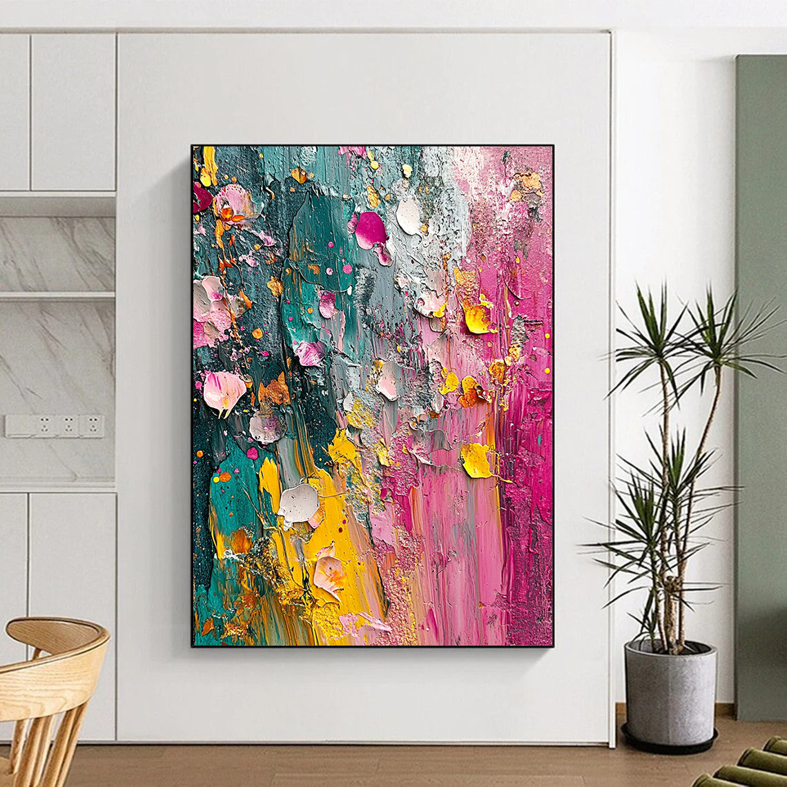 Contemporary hand-painted abstract artwork featuring vibrant colors and textured layers inspired by nature evoking the essence of springtime. DLZ1190