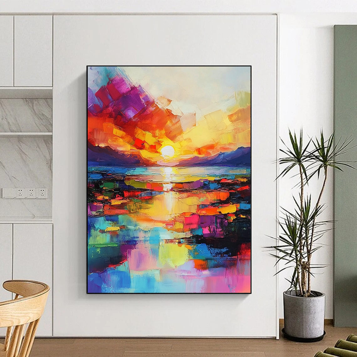 Contemporary abstract painting featuring a vibrant sunset over the sea in a striking oil technique, perfect for enhancing modern spaces. DLZ1701