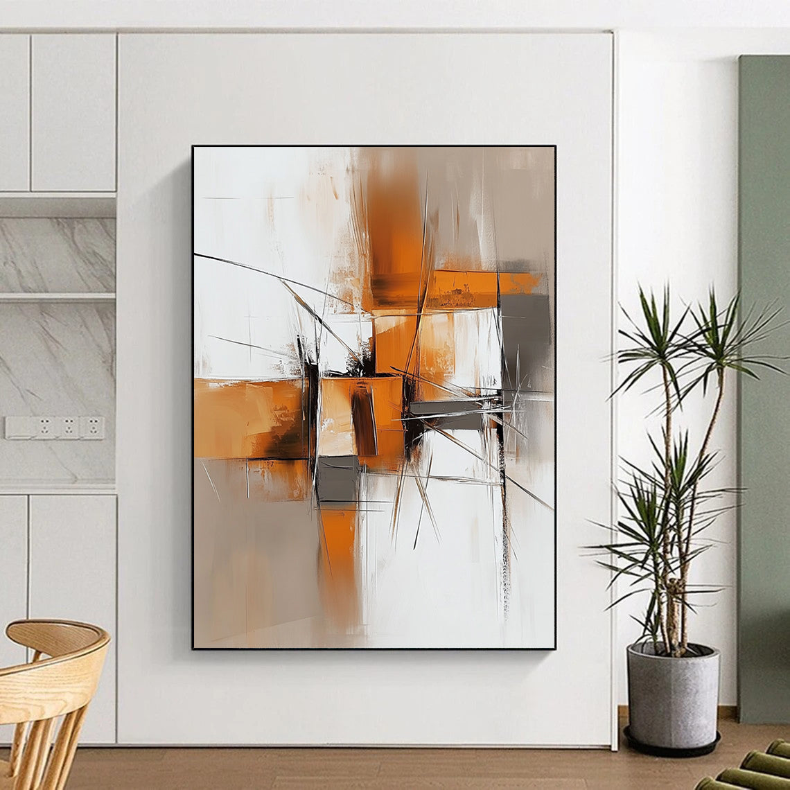 Contemporary hand-painted abstract artwork features light orange and dark gray tones with brush strokes and shapes on a textured white background. DLZ0680