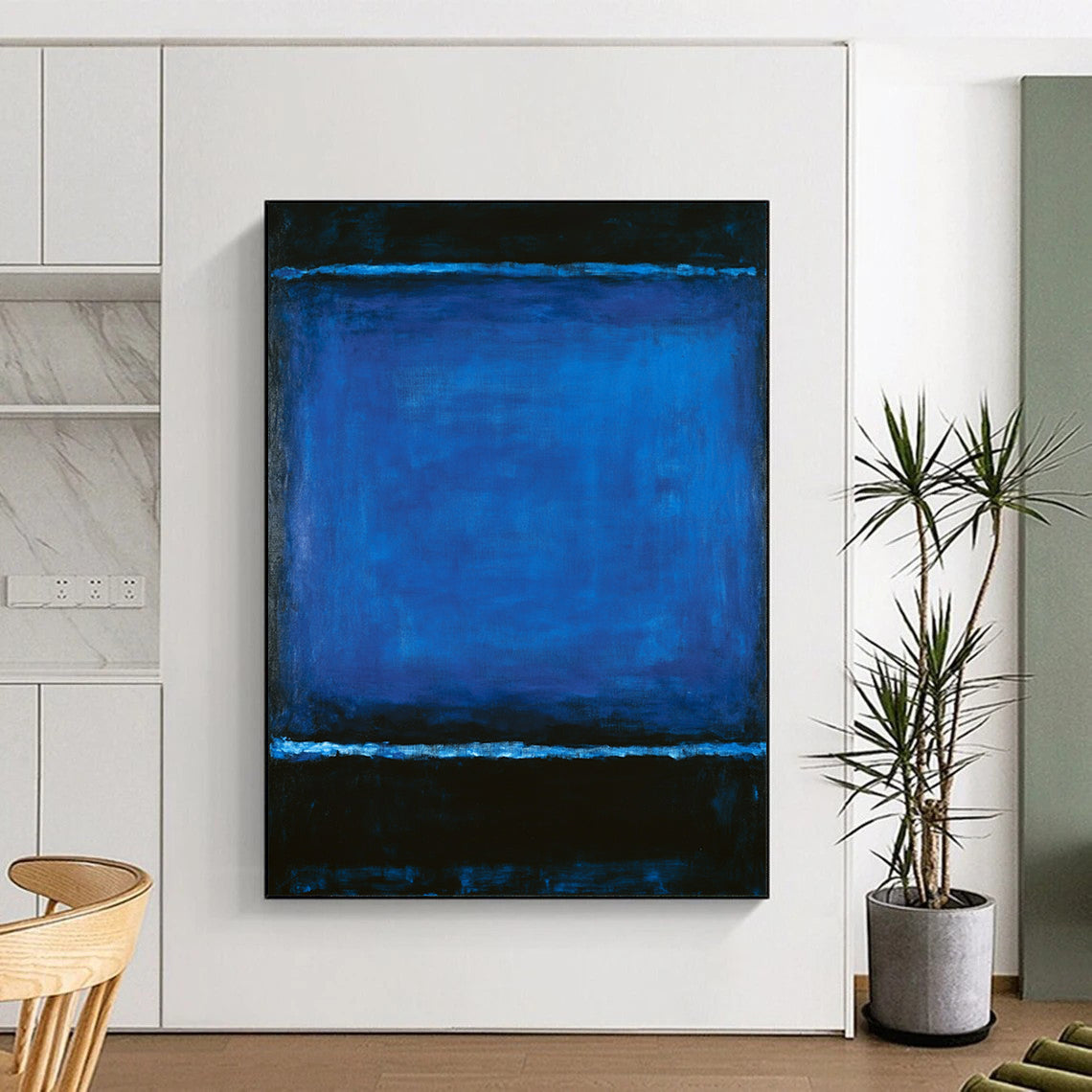 Contemporary hand-painted abstract artwork featuring deep blue and black hues inviting emotional reflection and creating an atmospheric meditative experience. DLZ1593