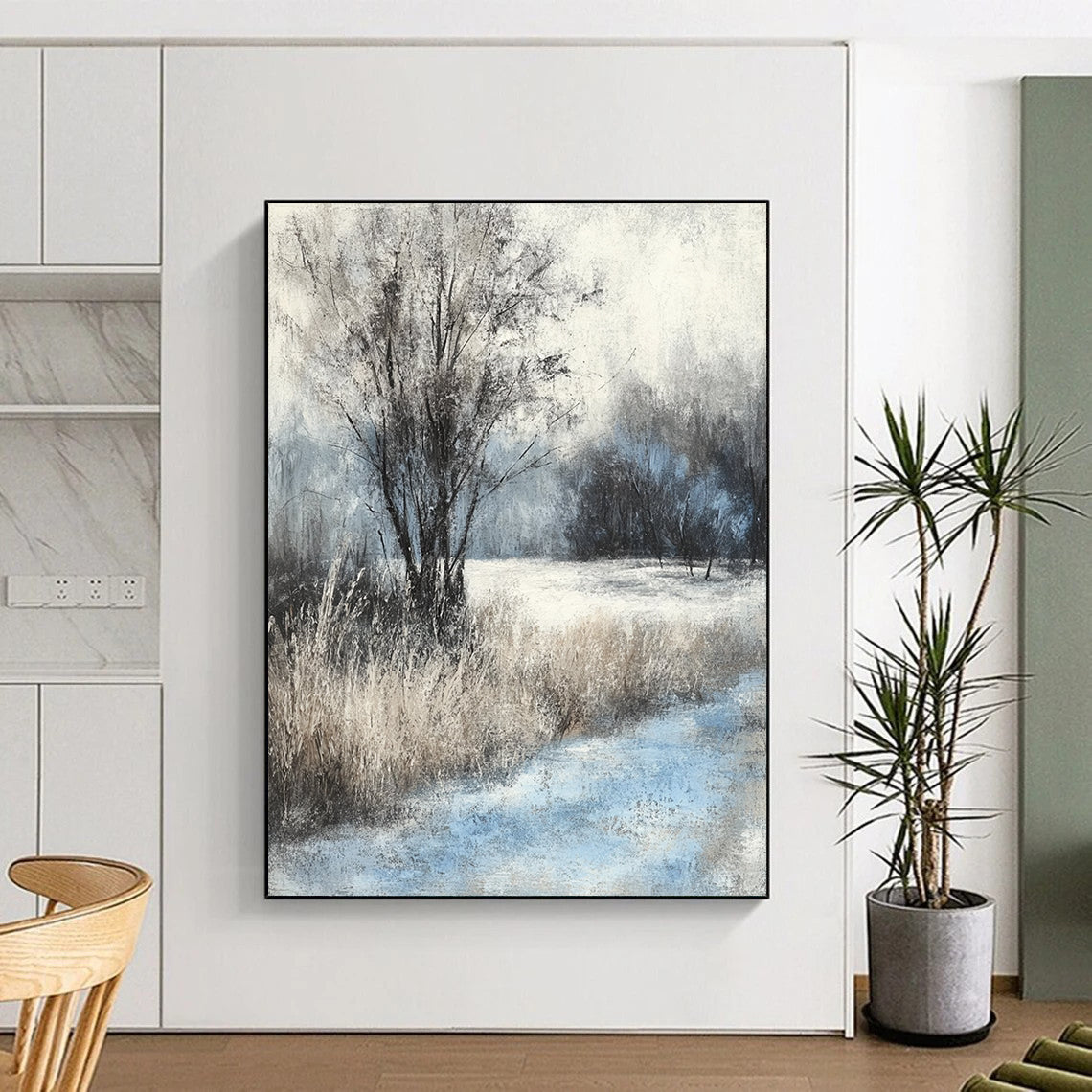 Contemporary hand-painted abstract artwork captures serene winter landscape with soft pastel colors and textured brushstrokes for a tranquil ambiance. DLZ1524