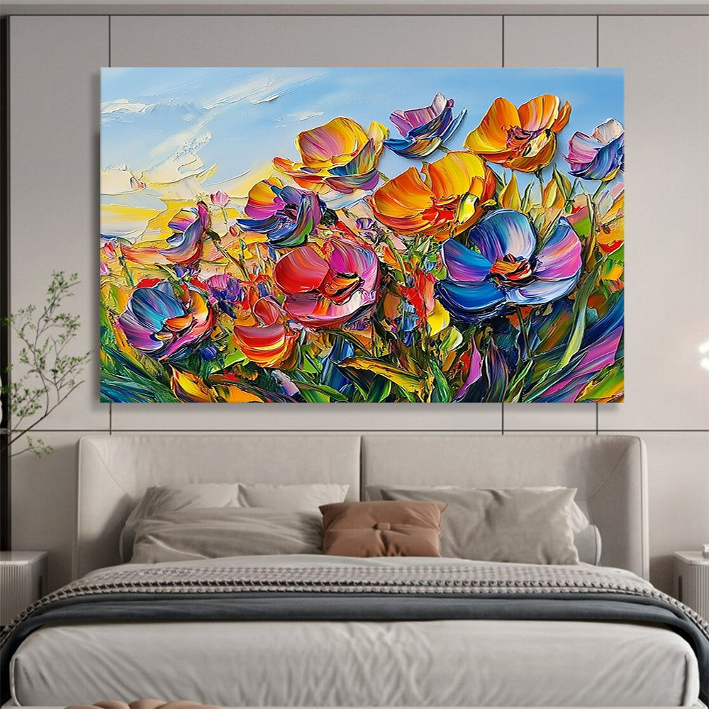 “Vibrant Colorful Flower Field” - Pink, Purple, Orange, Yellow, Textured Flower Field - Impasto Acrylic Painting HB1640
