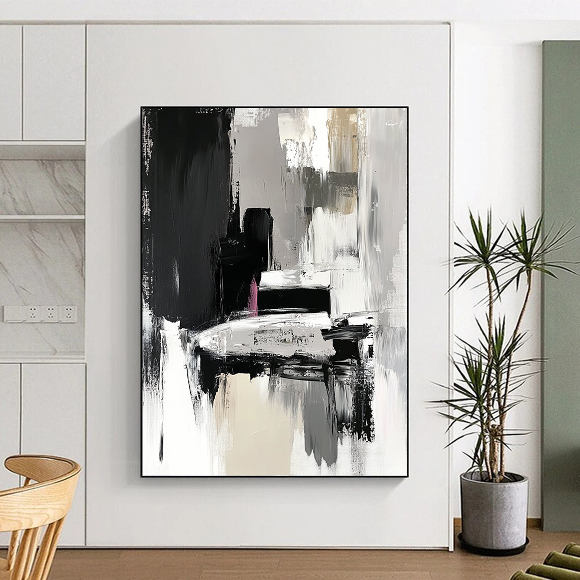Contemporary hand-painted abstract artwork in black and grey features expressive brushstrokes with fluid shapes and textured surfaces depicting a car in an art gallery. DLZ0924