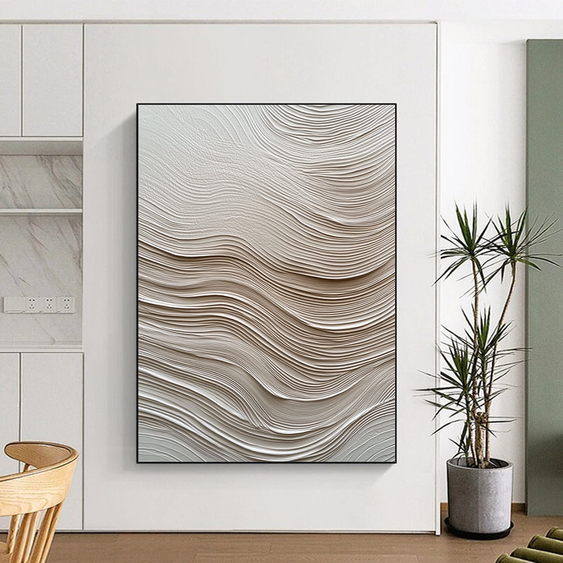 Contemporary abstract artwork featuring textured white paper resembling water waves enhances depth and movement, creating visual intrigue for any space. DLZ1234