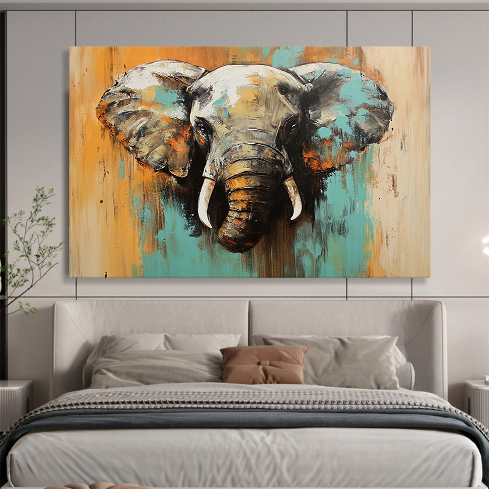 “Colorful Elephant Portrait” - Teal, Orange, Gray, Expressive Animal Painting On Canvas HB1002