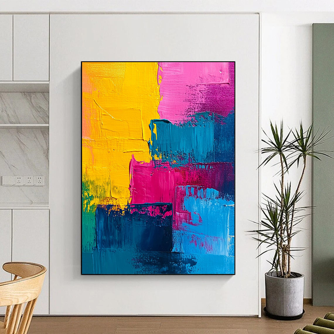 Contemporary abstract painting features vibrant pink blue yellow and teal acrylic swirls creating a dynamic and energetic visual experience. DLZ0811