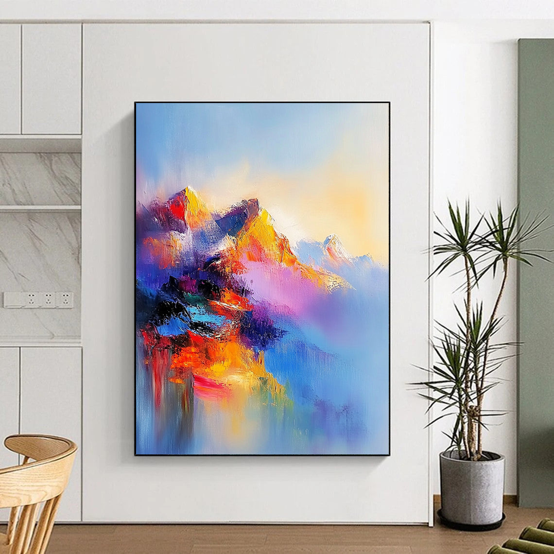 Contemporary abstract oil painting featuring an ethereal mountain range in vibrant colors with misty atmosphere and dreamlike light effects. DLZ0459