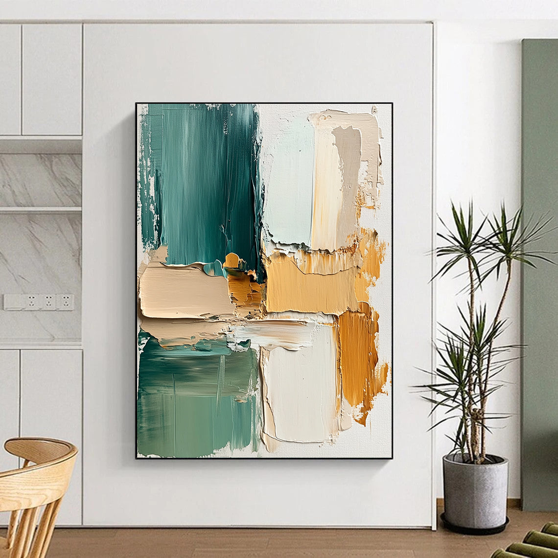 Contemporary abstract painting showcasing thick brush strokes in beige and teal with soft splashes and layers of cream green and yellow on textured canvas. DLZ1080