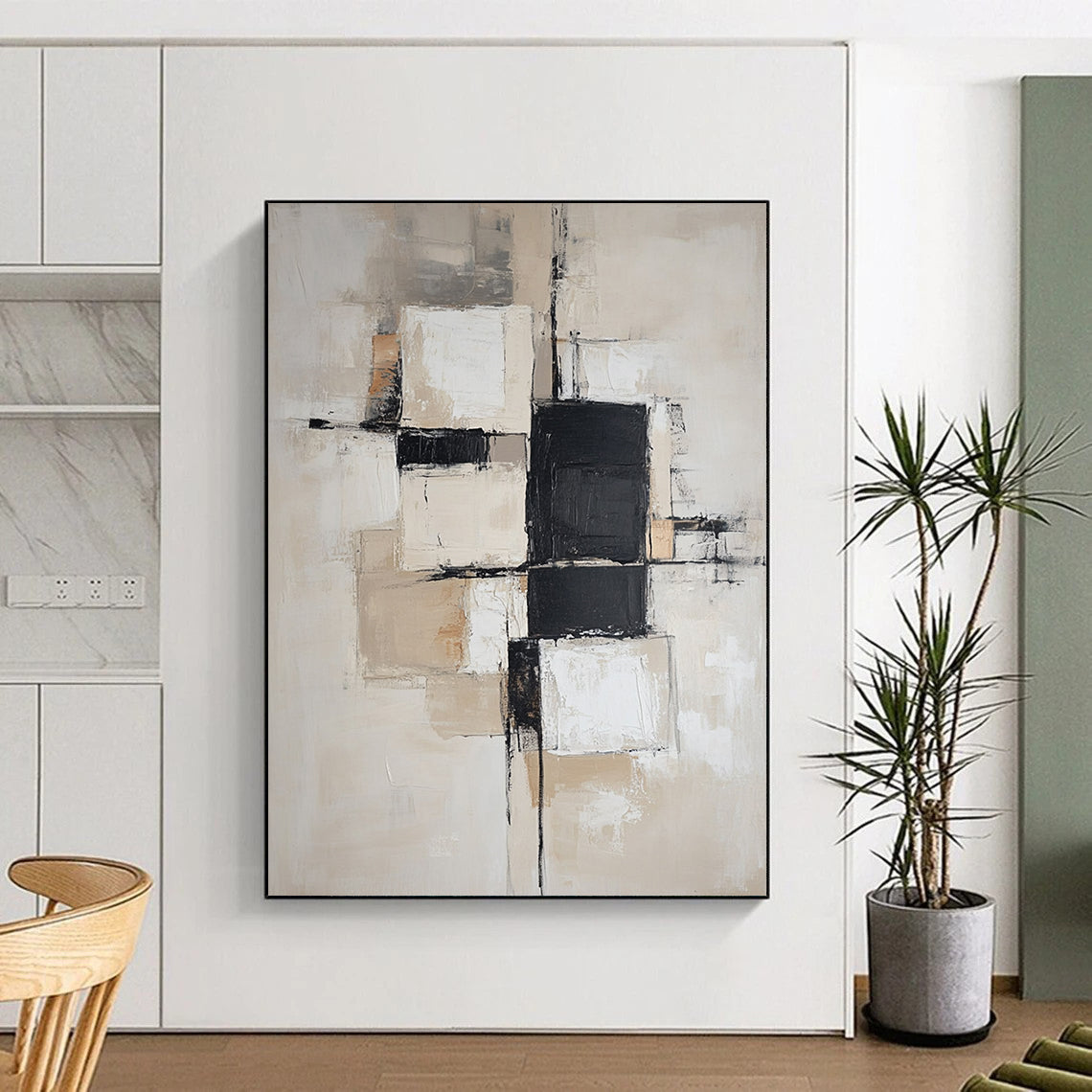 Contemporary hand-painted abstract art featuring soft beige and white blocks with black squares, designed with a neutral color palette and gentle edges. DLZ0517