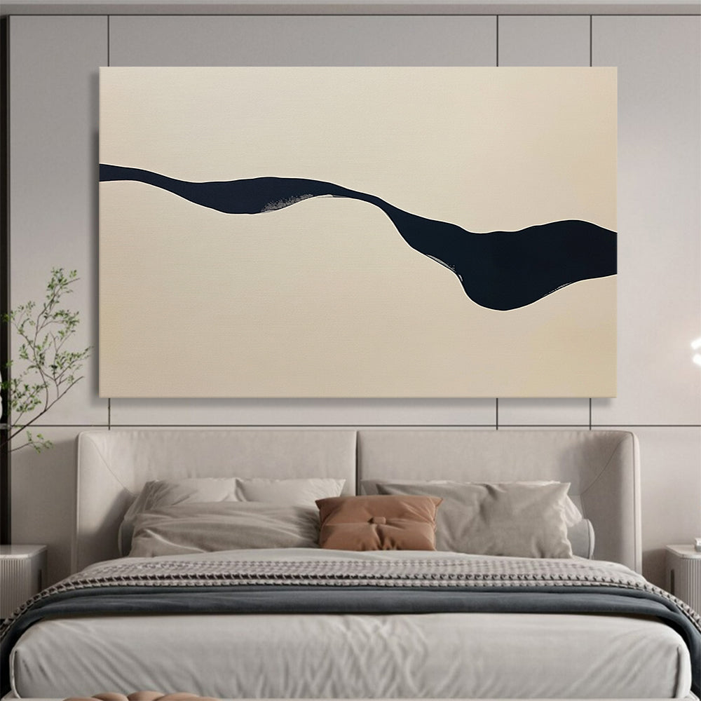 “Irregular Black Stream on Beige” - Black, Beige, Wavy Irregular Form - Abstract Acrylic Painting HB1667