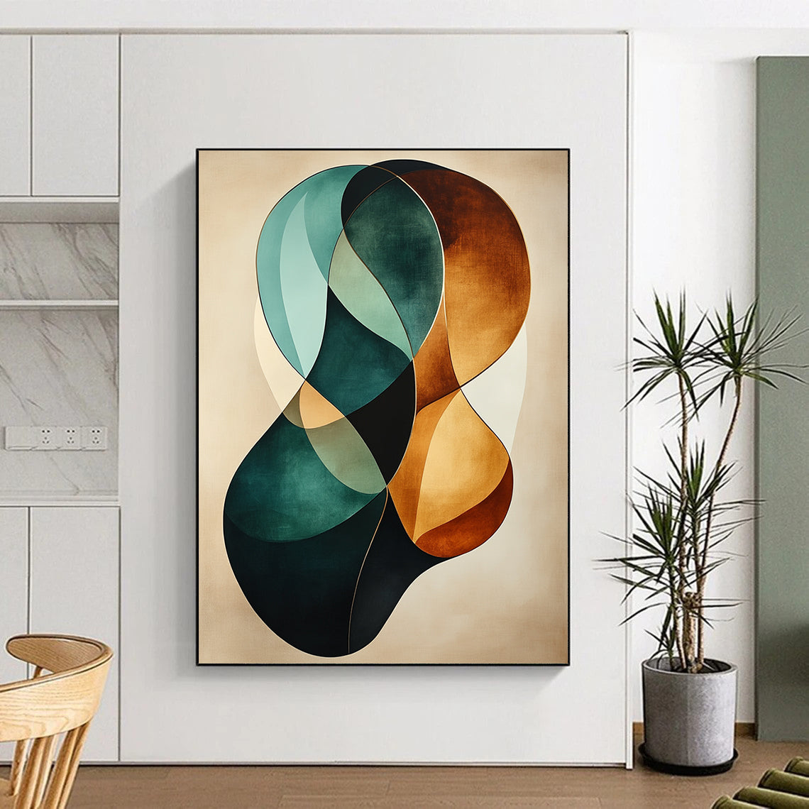 Abstract artwork features graceful teal and brown curves on a beige background with a gold border and a soft canvas texture. DLZ0737