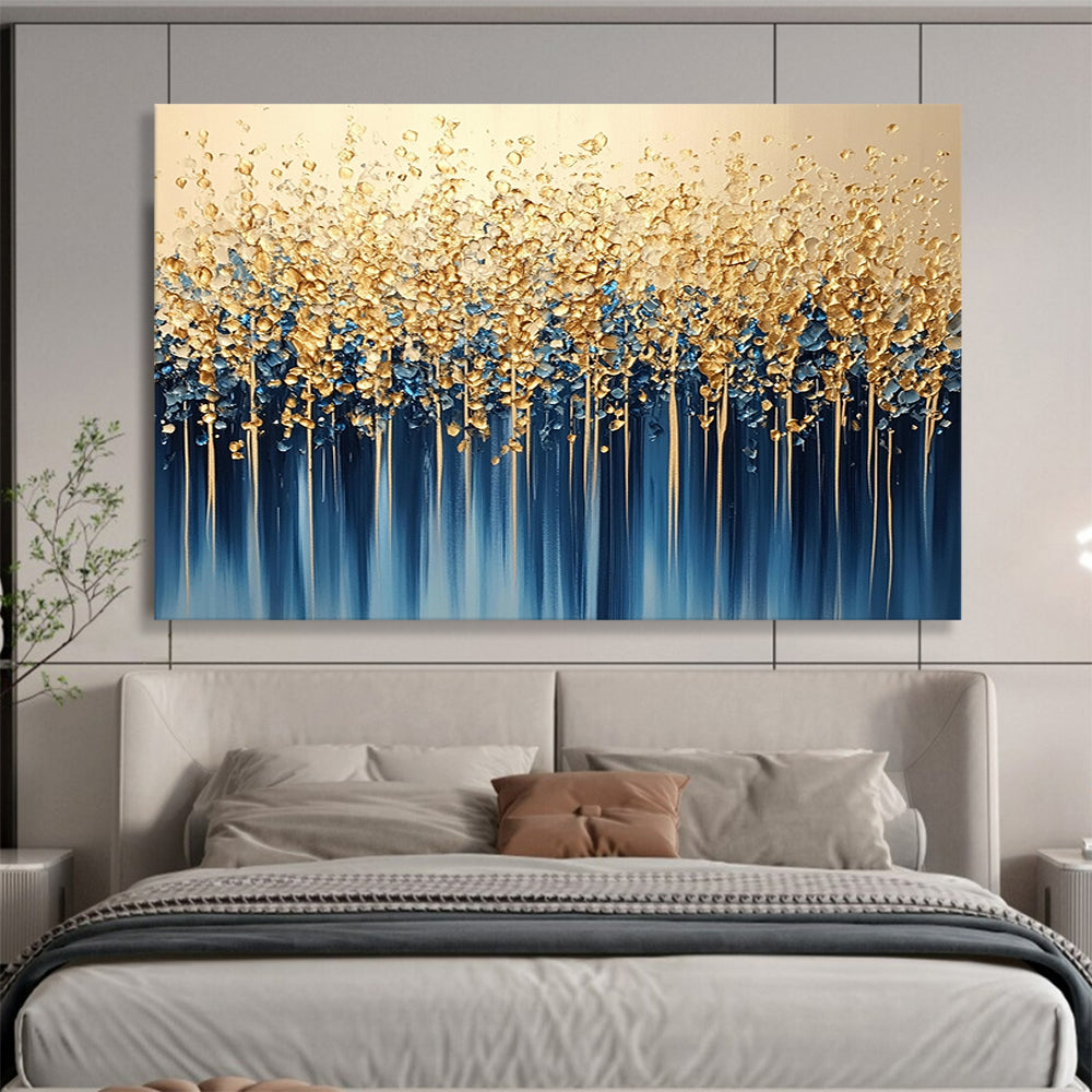 “Golden Forest Cascade” - Gold, Blue, White, Abstract Tree - like Forms with Drips Painting On Canvas HB1085