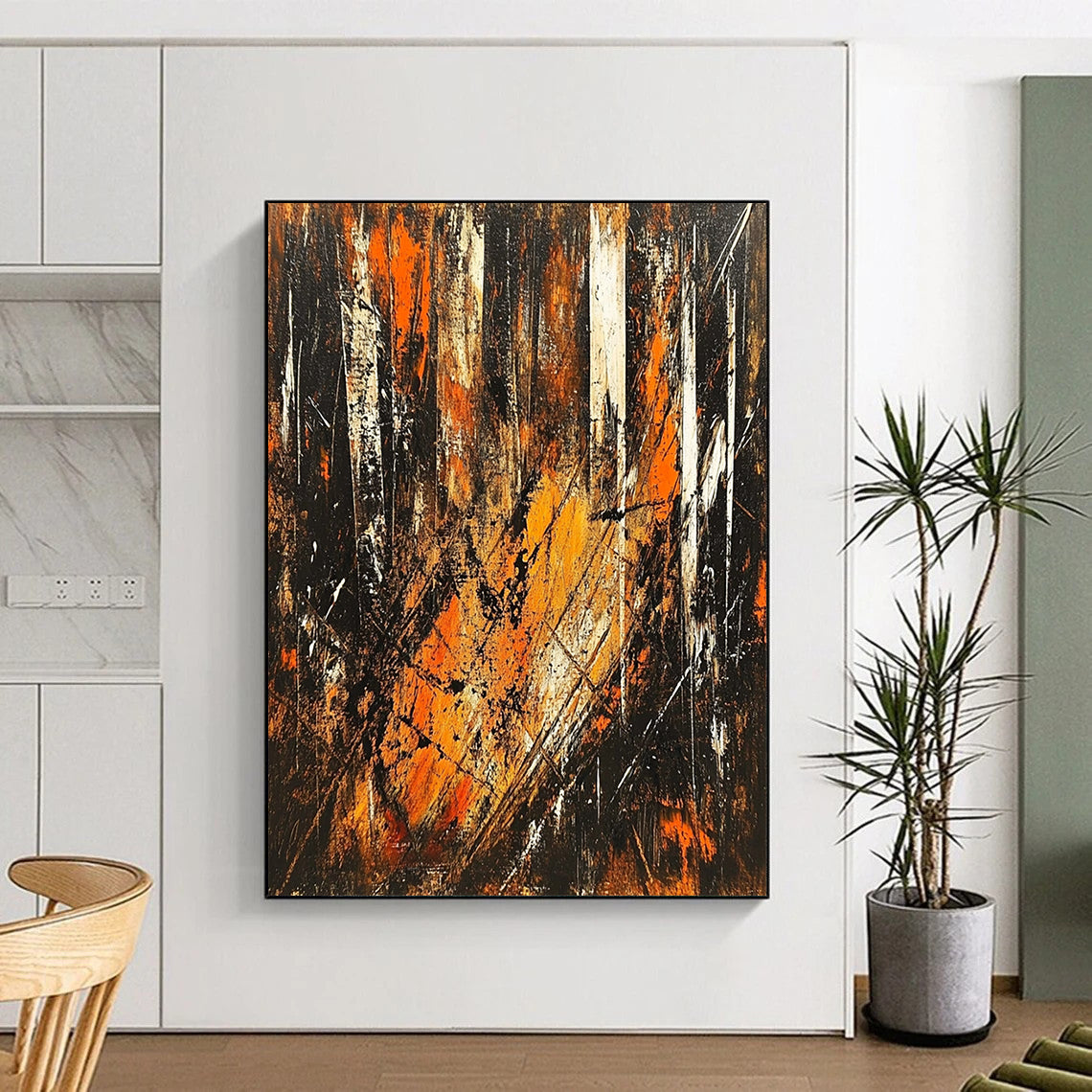 Contemporary hand-painted abstract artwork depicting an energetic forest scene with vibrant brown orange and black tones illuminated by sunlight. DLZ1396