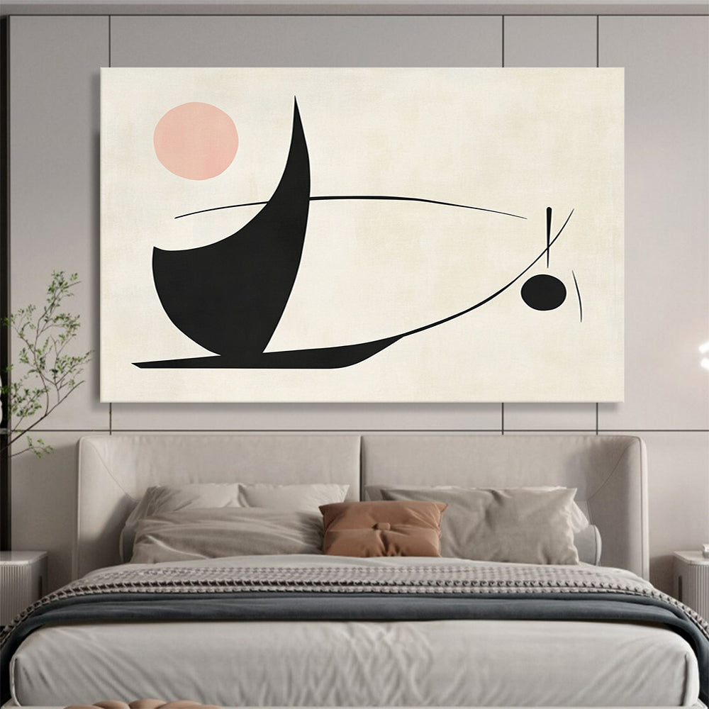 “Abstract Black - Pink Shapes” - Black, pink, and curved lines, Abstract Geometric Painting On Canvas HB0548