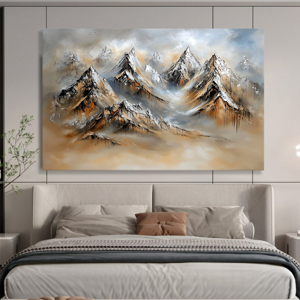 “Textured Mountain Landscape” - Snowy peaks, earthy tones, misty background, Textural Landscape Painting On Canvas HB0602