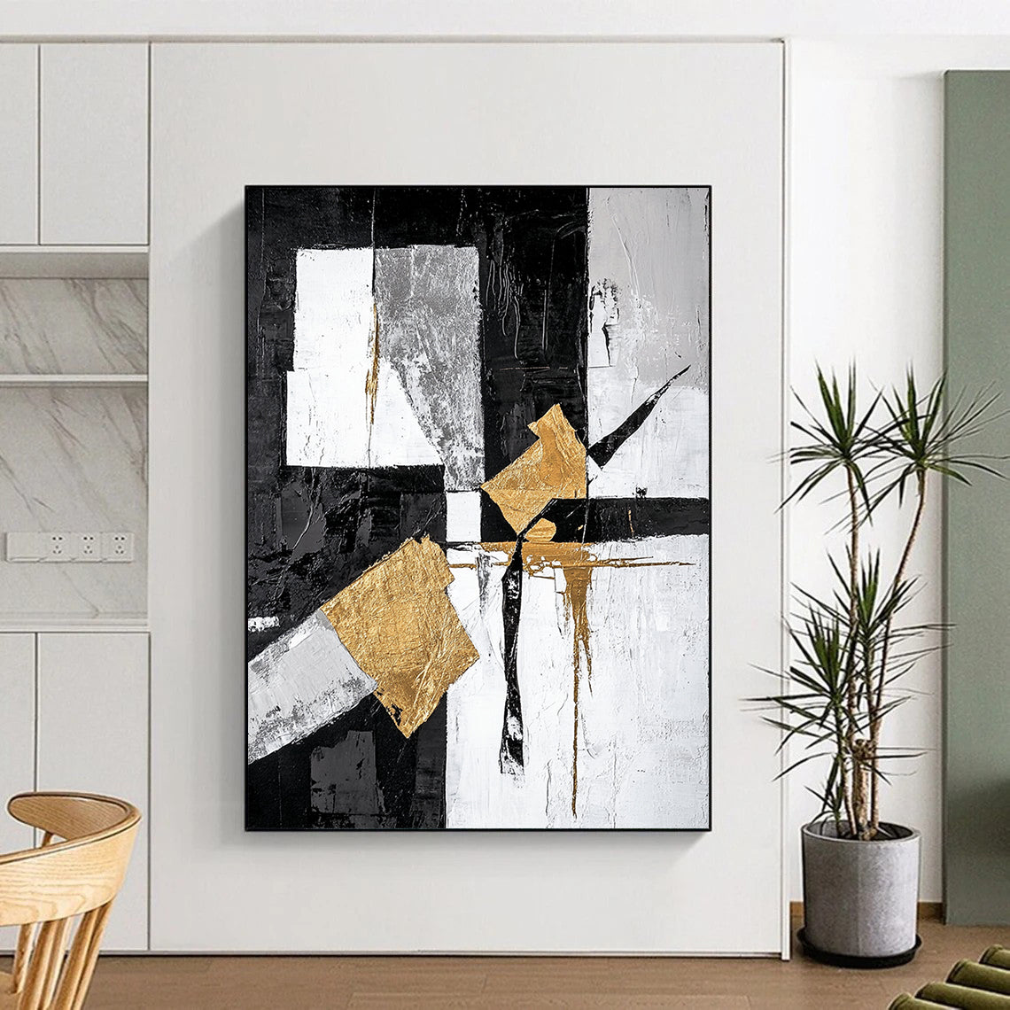 Black, White, Gray, Gold, Angular Shapes "Gilded Geometry" Abstract Minimalist Painting On Canvas HB062
