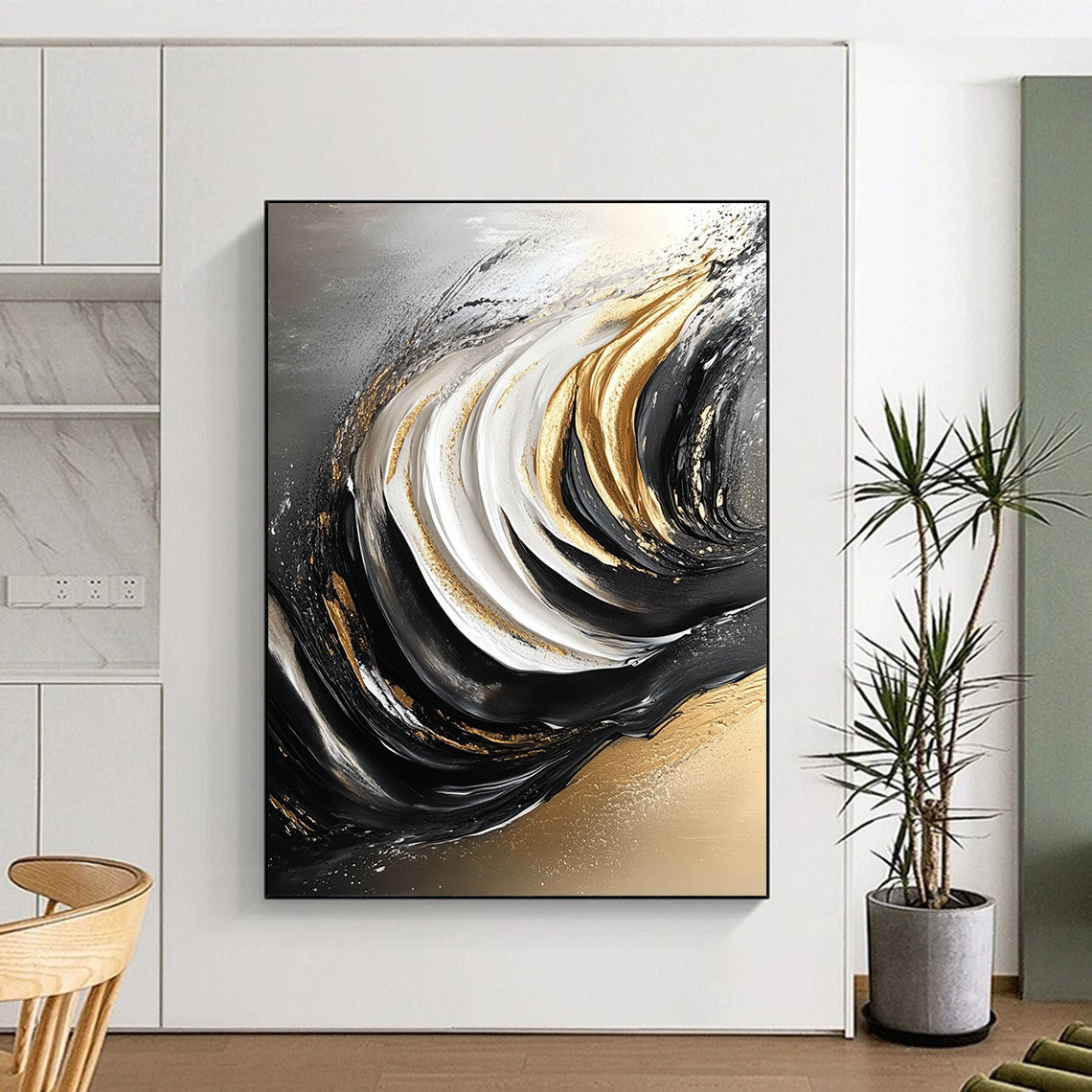 Contemporary hand-painted abstract art featuring flowing grain in black and white with elegant gold accents for a striking visual impact. DLZ0297
