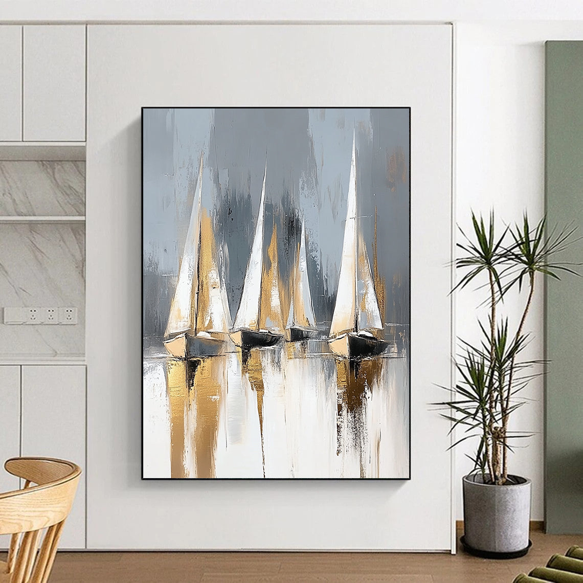 Elegant contemporary abstract painting featuring sailing boats with gold and silver accents against a light gray background, showcasing minimalist style and soft lighting. DLZ1699